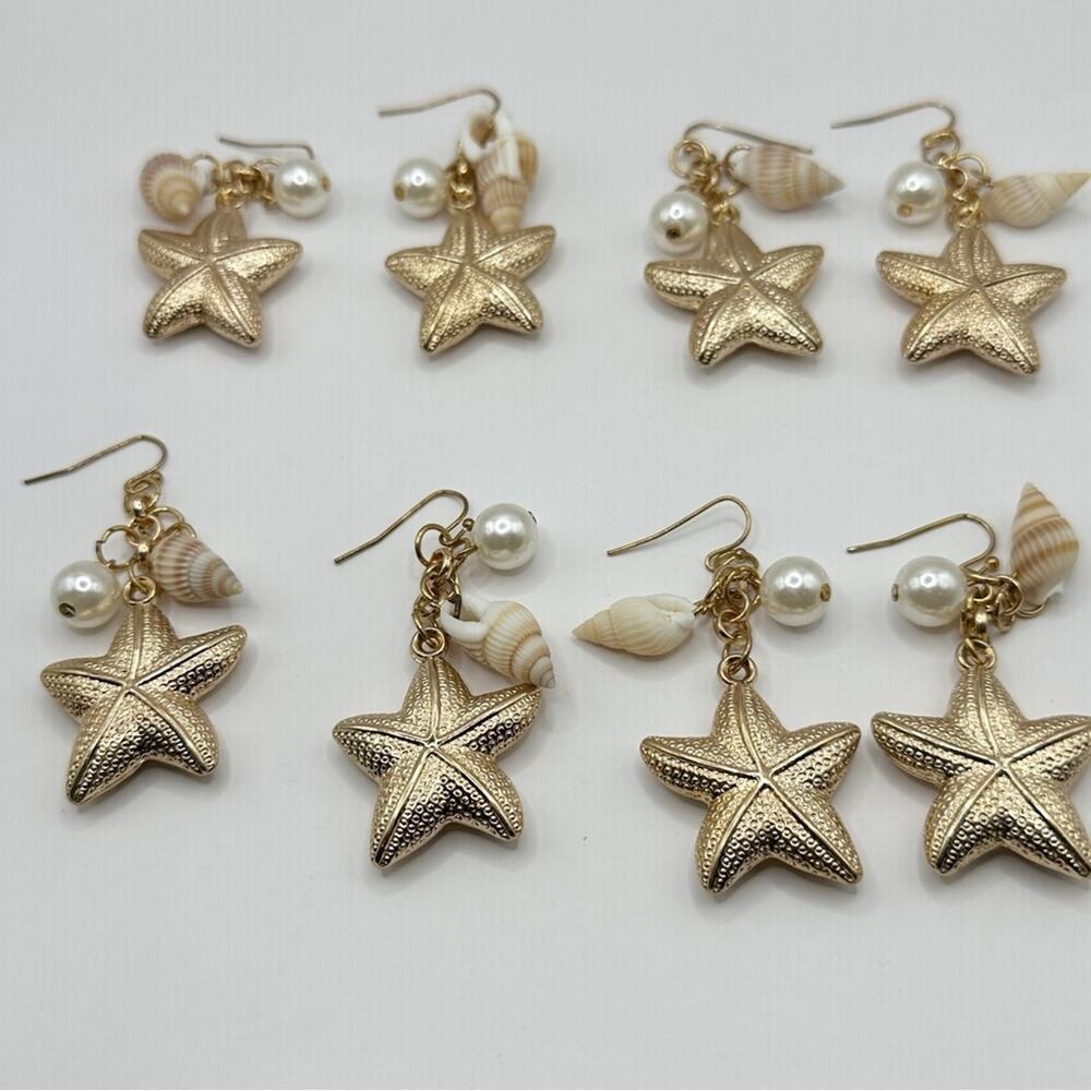 Dress Barn Earrings Lot 4 Gold tone Coastal Texture Starfish Shell Dangle Drop